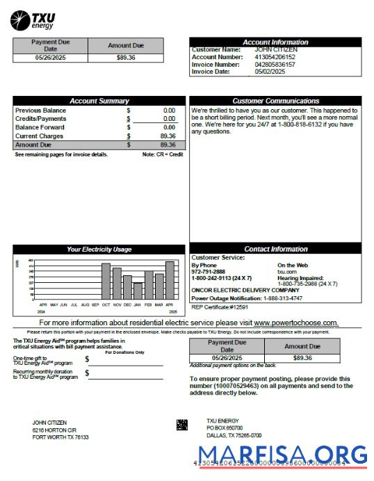 Printable USA TXU Energy utility bill template in Word and PDF formats, version 6